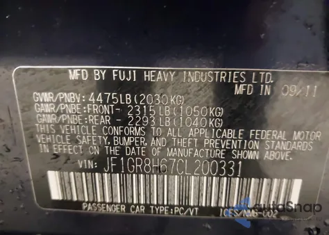 2012 Subaru Impreza Wrx Sti z USA, uszkodzony, nr VIN JF1GR8H67CL200331